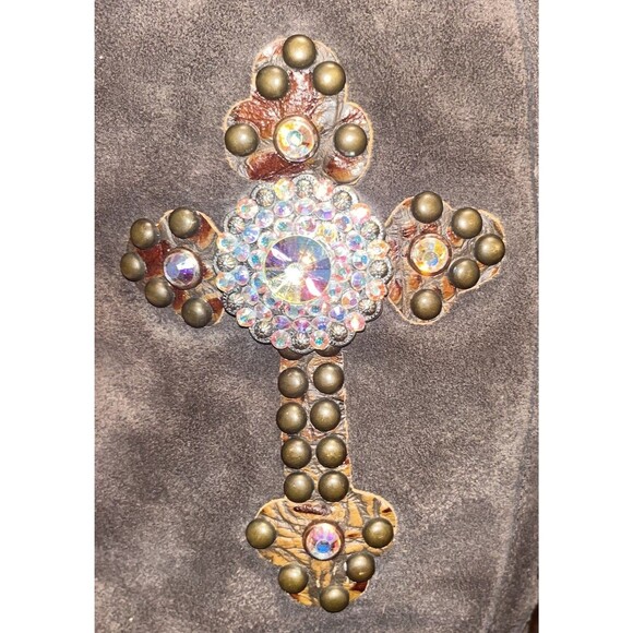 Gypsy Soule Brown Suede Boots Western Tooled Leather Swarovski Crystal Cross 10 - Picture 8 of 16
